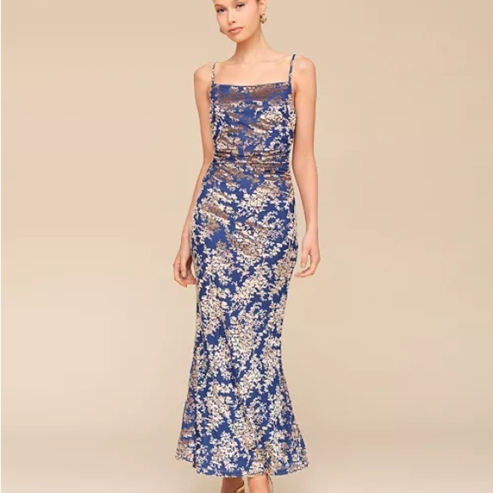 Avec Les Filles Burn Out Blue and Gold Ruched Floral Maxi Dress size L - Picture 1 of 12